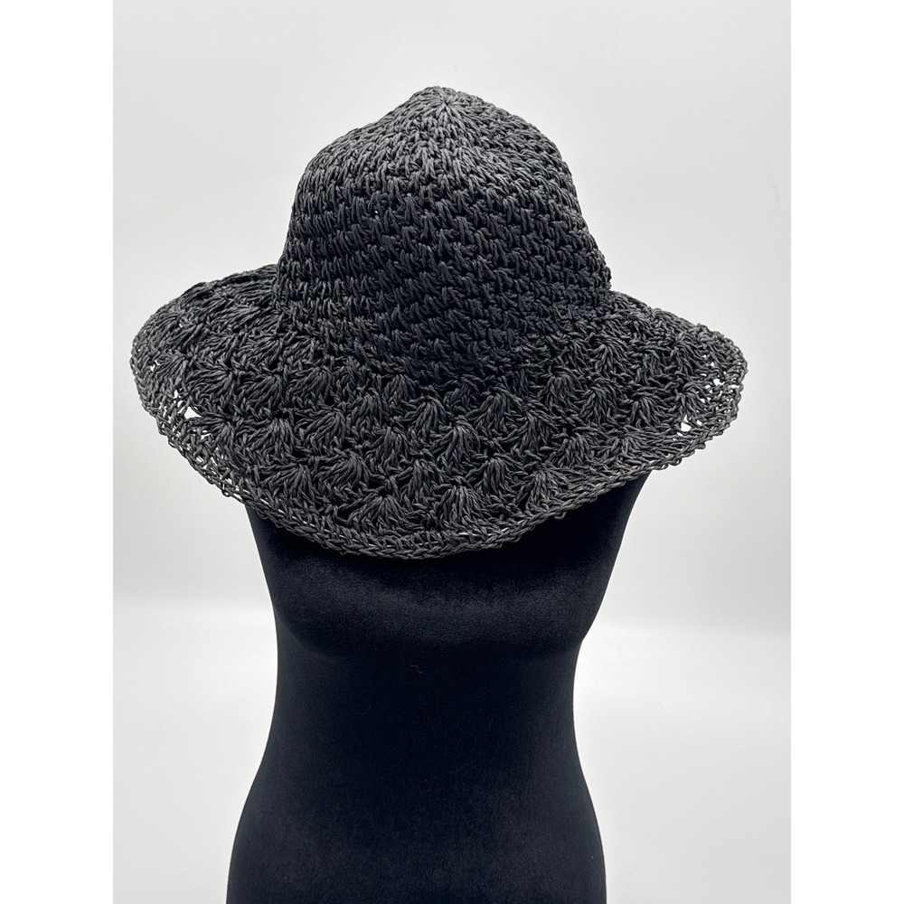 Black Crochet Straw Sun Hat Floppy Wide Brim Boho Summer Bucket Hat NWT T29003-5